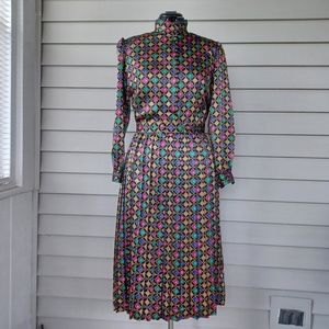 Talbot's Petites 80s Silky Print Belted Size 8P Pleated Button Secretary Dress